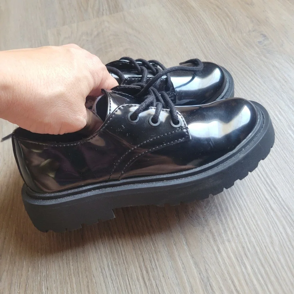 Zara Kids Oxford Shoes 12.5 Black Patent Lug Sole Formal Dressy Lace Up